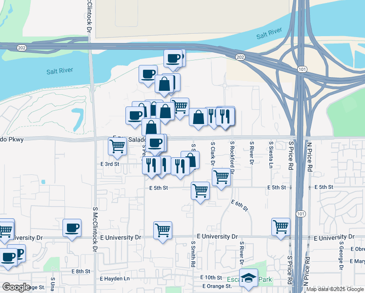 map of restaurants, bars, coffee shops, grocery stores, and more near 1985 East Rio Salado Parkway in Tempe