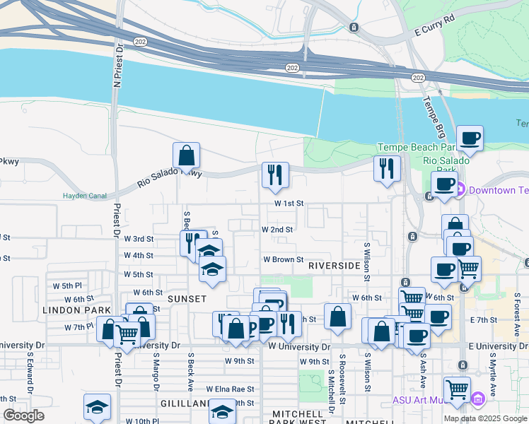 map of restaurants, bars, coffee shops, grocery stores, and more near in Tempe
