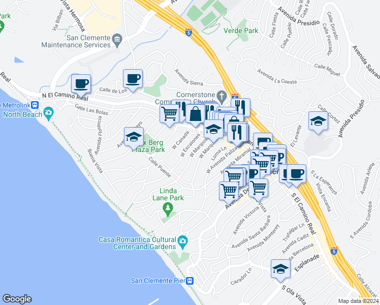 map of restaurants, bars, coffee shops, grocery stores, and more near 126 West Mariposa in San Clemente
