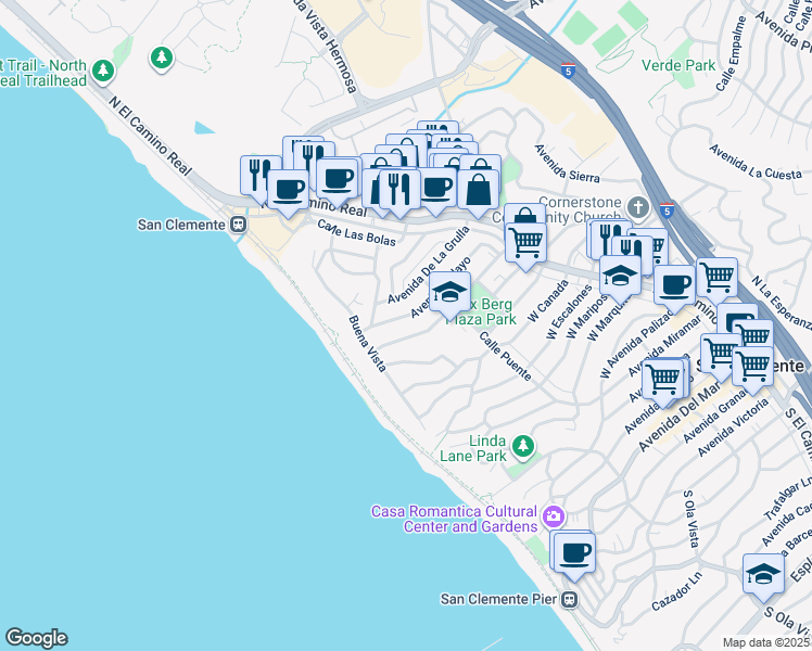 map of restaurants, bars, coffee shops, grocery stores, and more near 213 Avenida Pelayo in San Clemente