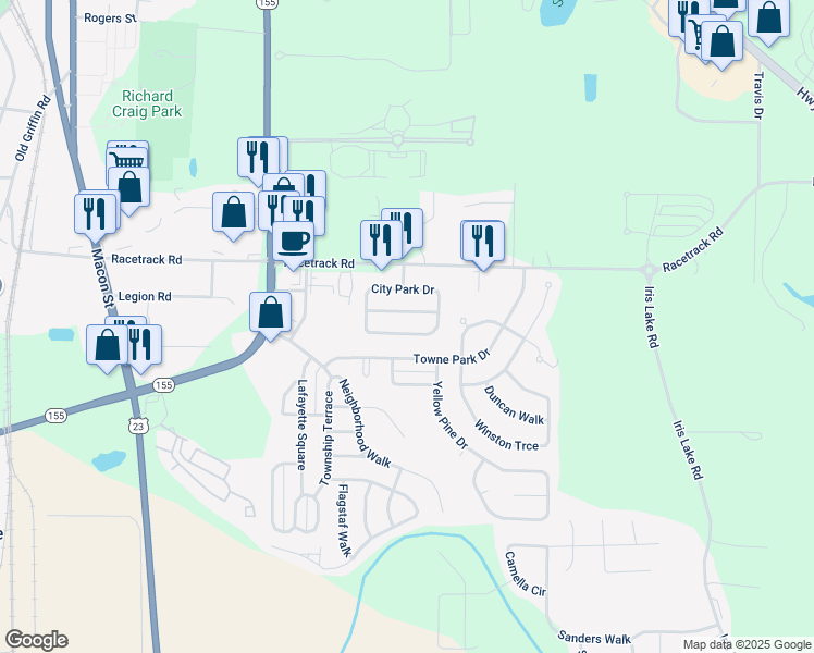 map of restaurants, bars, coffee shops, grocery stores, and more near 640 City Park Drive in McDonough