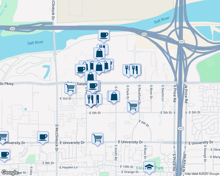 map of restaurants, bars, coffee shops, grocery stores, and more near 1985 East Rio Salado Parkway in Tempe