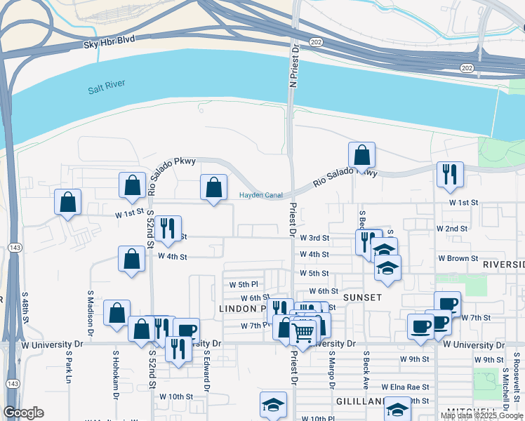 map of restaurants, bars, coffee shops, grocery stores, and more near 1413 West Rio Salado Parkway in Tempe