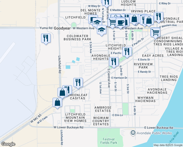 map of restaurants, bars, coffee shops, grocery stores, and more near South 3rd Avenue in Avondale