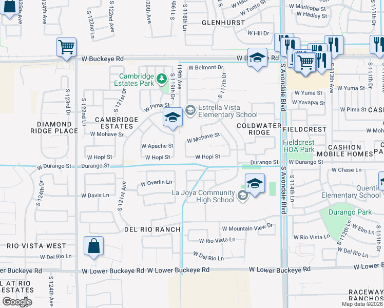 map of restaurants, bars, coffee shops, grocery stores, and more near 11824 West Hopi Street in Avondale