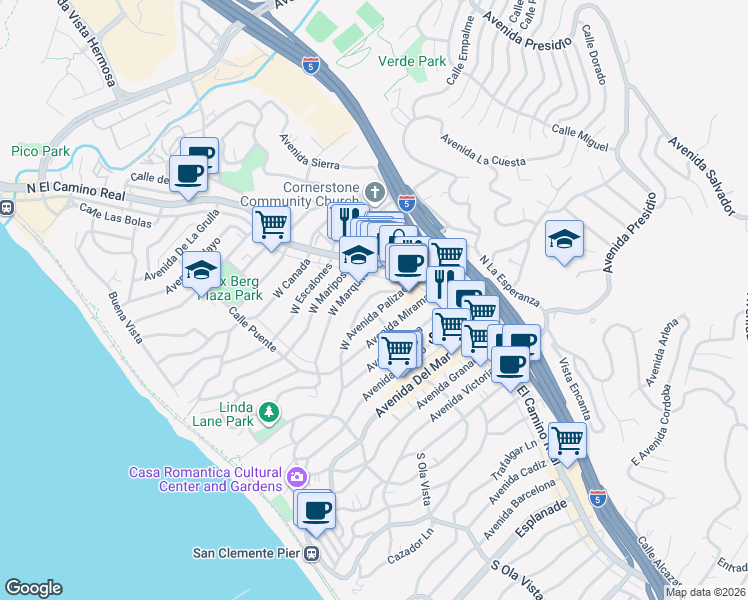 map of restaurants, bars, coffee shops, grocery stores, and more near 121 Loma Lane in San Clemente