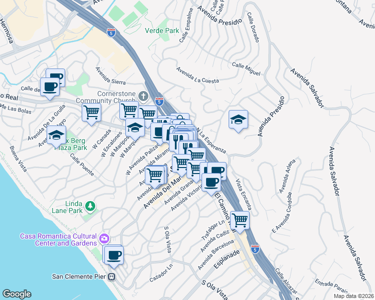 map of restaurants, bars, coffee shops, grocery stores, and more near 303 North El Camino Real in San Clemente