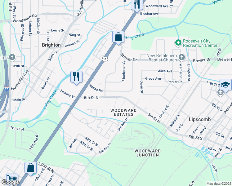 map of restaurants, bars, coffee shops, grocery stores, and more near 512 Selma Road in Bessemer