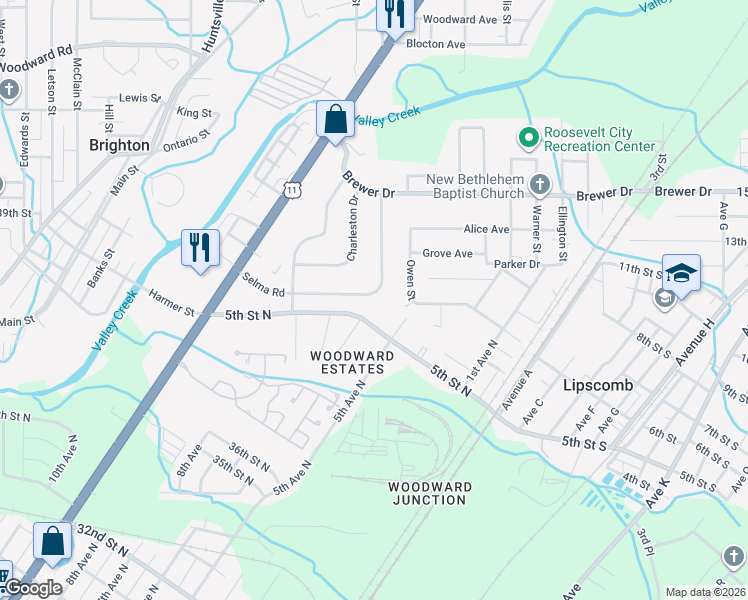 map of restaurants, bars, coffee shops, grocery stores, and more near 524 Selma Road in Bessemer