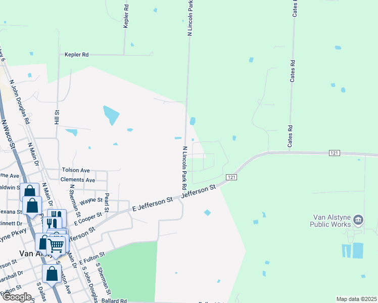 map of restaurants, bars, coffee shops, grocery stores, and more near 320 North Lincoln Park Road in Van Alstyne