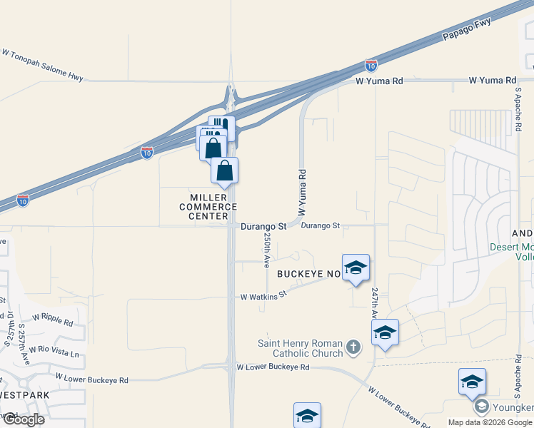 map of restaurants, bars, coffee shops, grocery stores, and more near 24967 West Durango Street in Buckeye