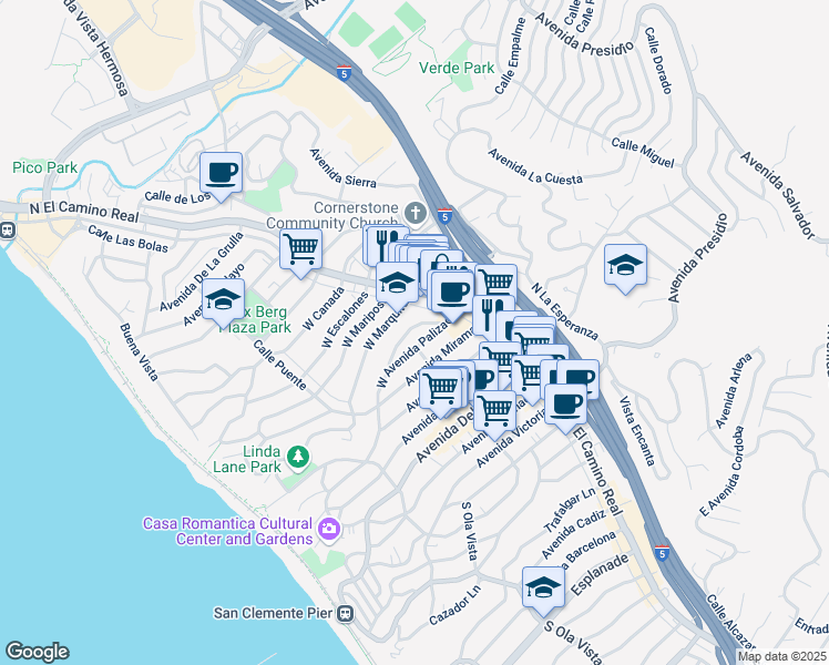 map of restaurants, bars, coffee shops, grocery stores, and more near 121 Loma Lane in San Clemente