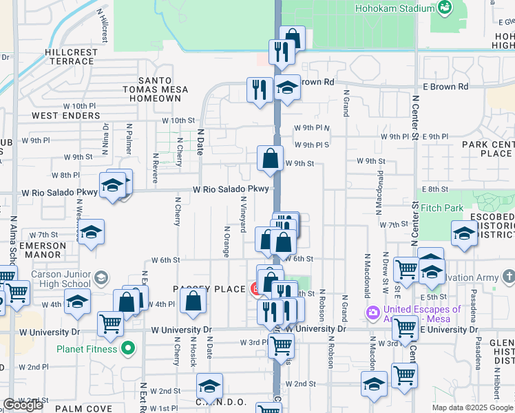 map of restaurants, bars, coffee shops, grocery stores, and more near 743 North Vineyard in Mesa