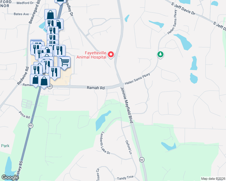 map of restaurants, bars, coffee shops, grocery stores, and more near 105 Hollis Street in Fayetteville