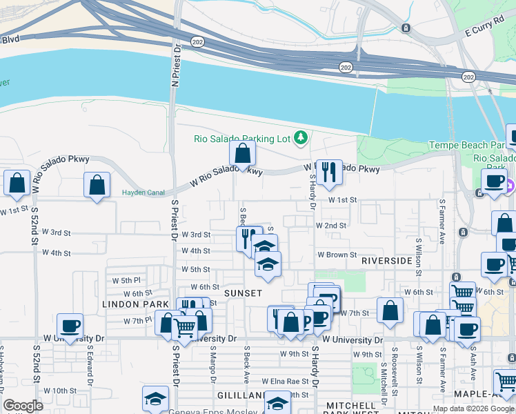 map of restaurants, bars, coffee shops, grocery stores, and more near 1065 West 1st Street in Tempe