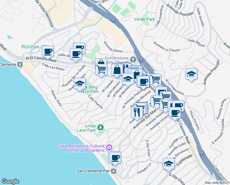 map of restaurants, bars, coffee shops, grocery stores, and more near 130 West Mariposa in San Clemente