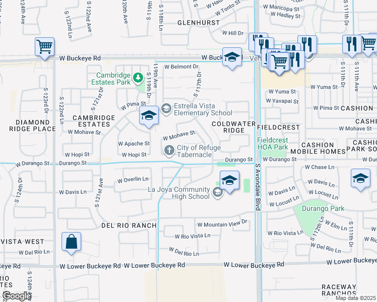 map of restaurants, bars, coffee shops, grocery stores, and more near 11783 West Apache Street in Avondale