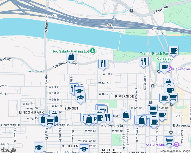 map of restaurants, bars, coffee shops, grocery stores, and more near 1007 West 1st Street in Tempe