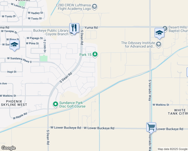 map of restaurants, bars, coffee shops, grocery stores, and more near 21532 West Durango Street in Buckeye