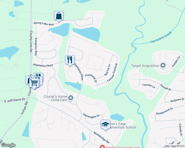 map of restaurants, bars, coffee shops, grocery stores, and more near 40 Prestwick Drive in Fayetteville
