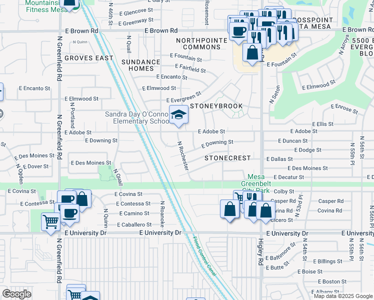 map of restaurants, bars, coffee shops, grocery stores, and more near 4912 East Downing Street in Mesa