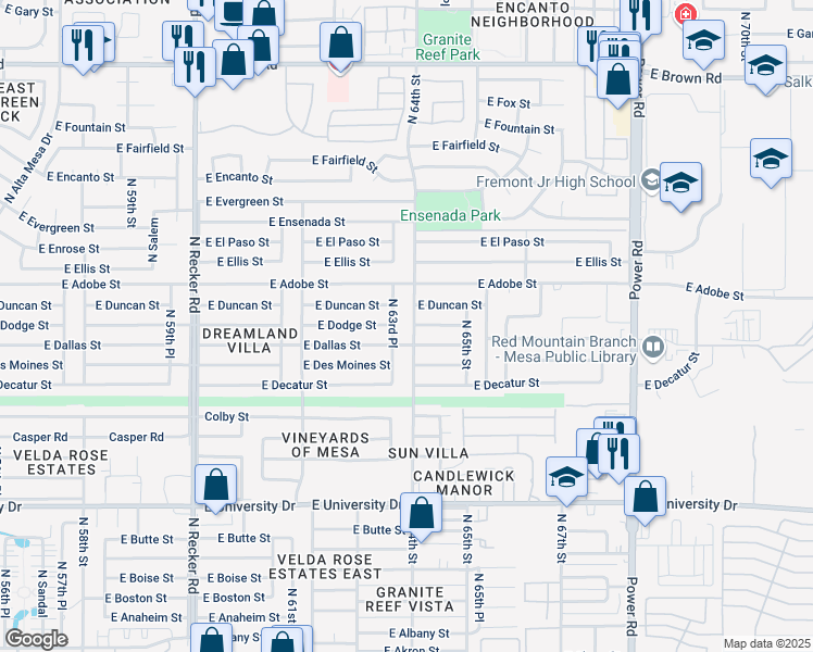 map of restaurants, bars, coffee shops, grocery stores, and more near 6408 East Dodge Street in Mesa