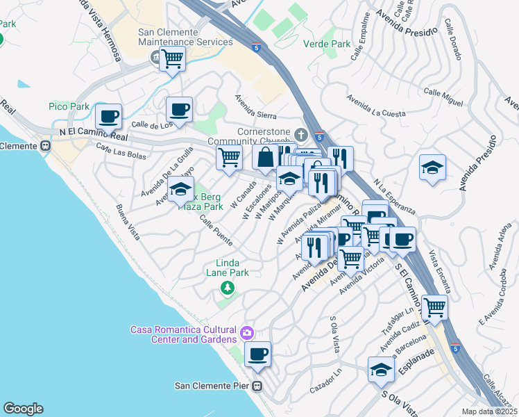 map of restaurants, bars, coffee shops, grocery stores, and more near 130 West Mariposa in San Clemente