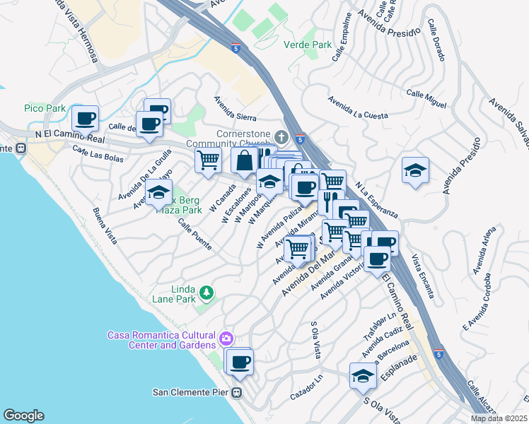 map of restaurants, bars, coffee shops, grocery stores, and more near 107 West Marquita in San Clemente