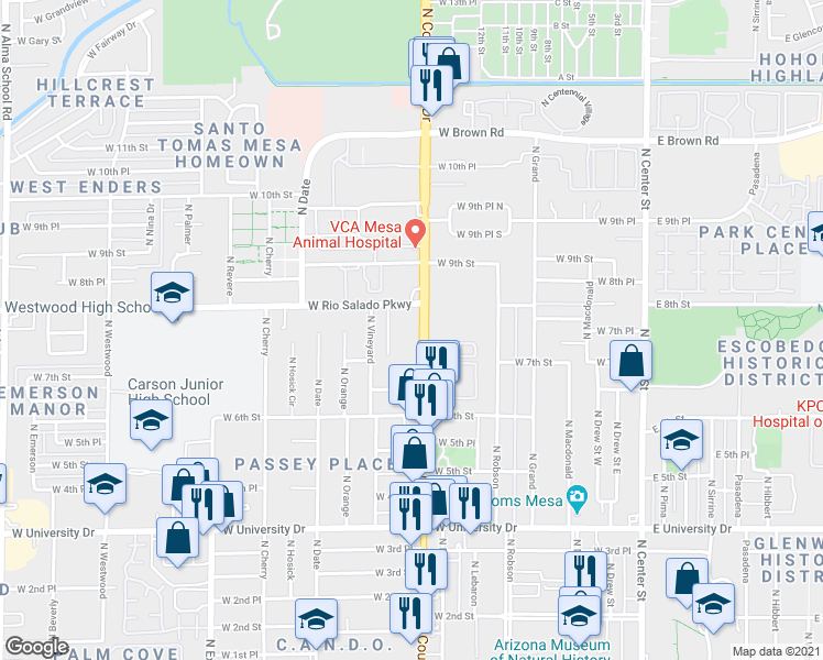 map of restaurants, bars, coffee shops, grocery stores, and more near 740 North Country Club Drive in Mesa