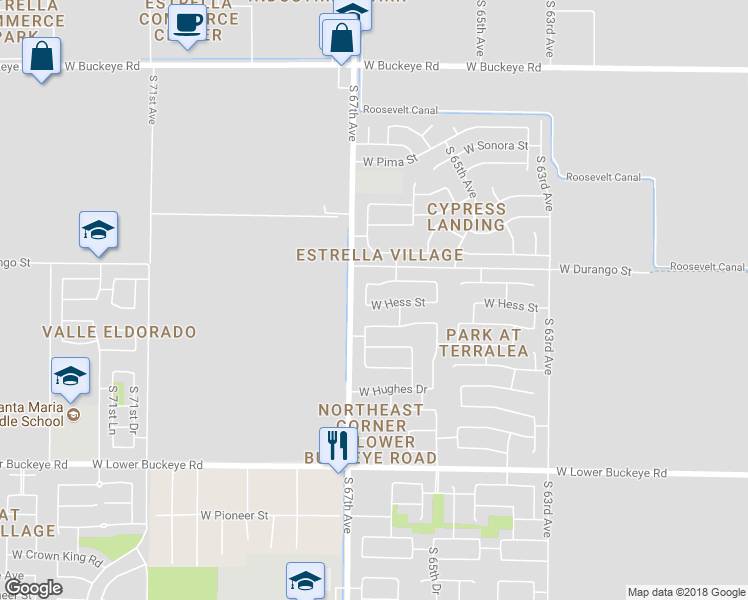 map of restaurants, bars, coffee shops, grocery stores, and more near 6626 West Hess Street in Phoenix