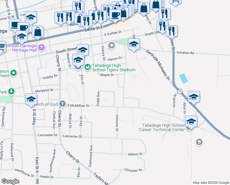 map of restaurants, bars, coffee shops, grocery stores, and more near 500 Sunset Avenue in Talladega