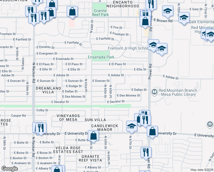 map of restaurants, bars, coffee shops, grocery stores, and more near 6448 East Dodge Street in Mesa