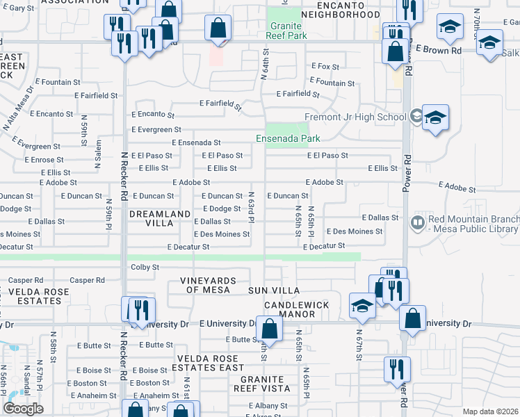 map of restaurants, bars, coffee shops, grocery stores, and more near 6408 East Dodge Street in Mesa