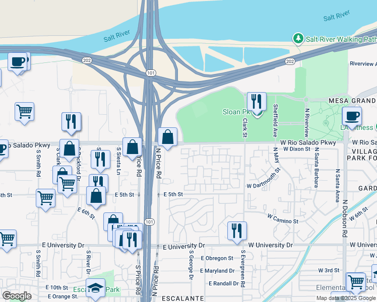 map of restaurants, bars, coffee shops, grocery stores, and more near in Mesa