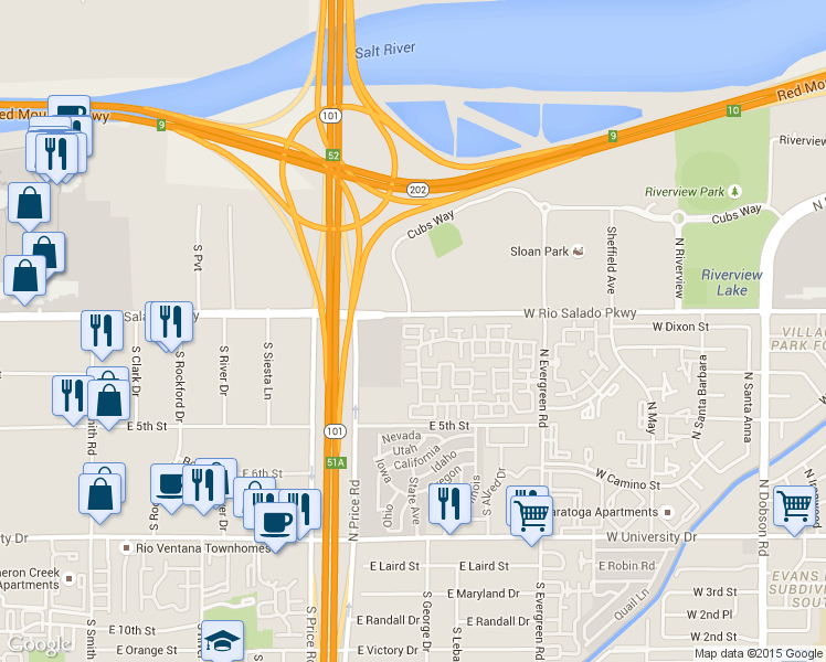 map of restaurants, bars, coffee shops, grocery stores, and more near in Mesa
