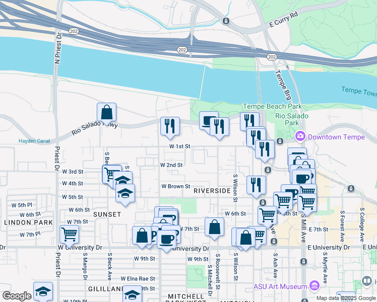 map of restaurants, bars, coffee shops, grocery stores, and more near 706 West 1st Street in Tempe