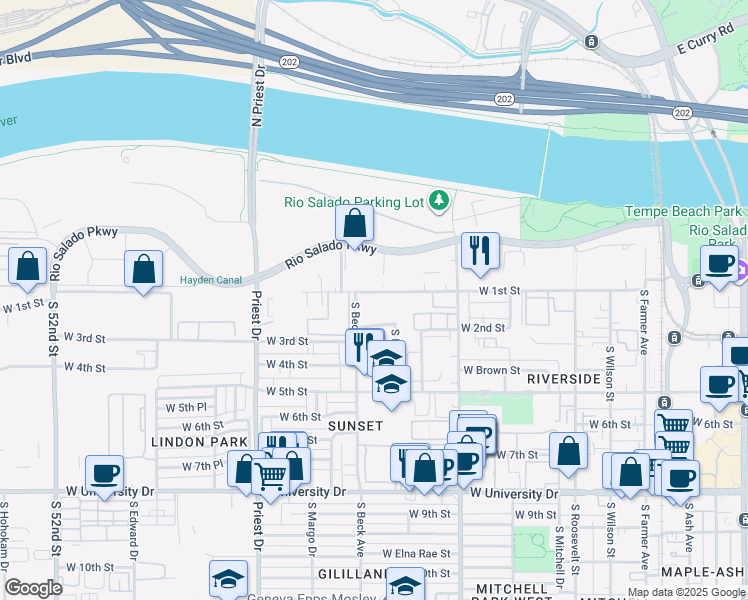 map of restaurants, bars, coffee shops, grocery stores, and more near 1065 West 1st Street in Tempe