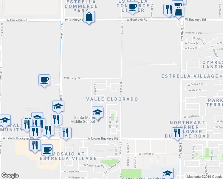 map of restaurants, bars, coffee shops, grocery stores, and more near 2024 South 71st Drive in Phoenix