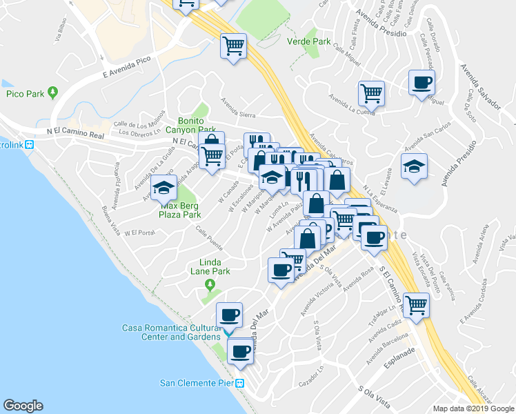 map of restaurants, bars, coffee shops, grocery stores, and more near 107 West Marquita in San Clemente