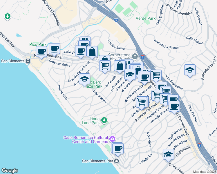 map of restaurants, bars, coffee shops, grocery stores, and more near 129 West Canada in San Clemente