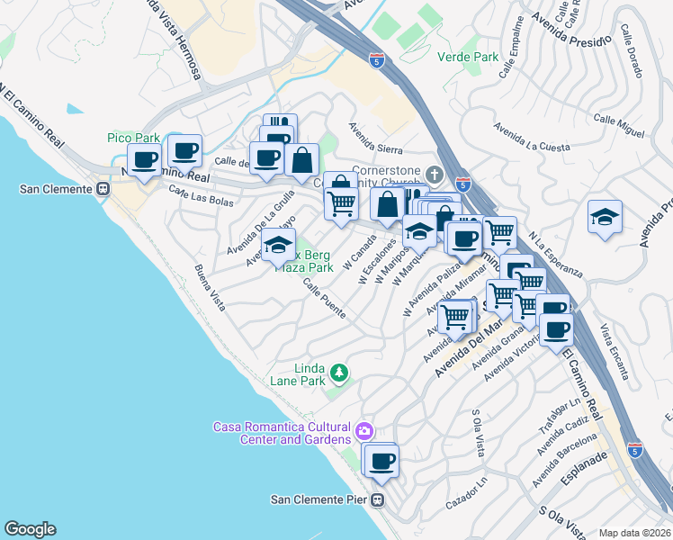 map of restaurants, bars, coffee shops, grocery stores, and more near 129 West Canada in San Clemente