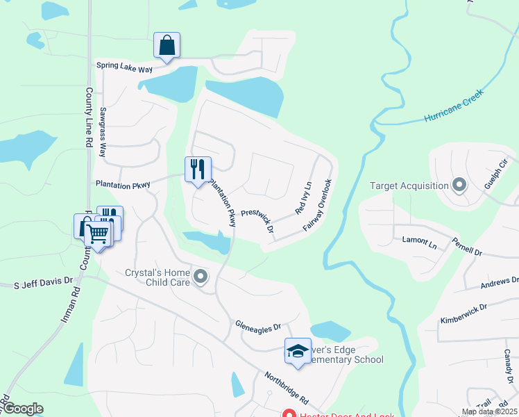 map of restaurants, bars, coffee shops, grocery stores, and more near 40 Prestwick Drive in Fayetteville