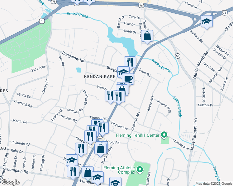 map of restaurants, bars, coffee shops, grocery stores, and more near 2236 Woodward Avenue in Augusta