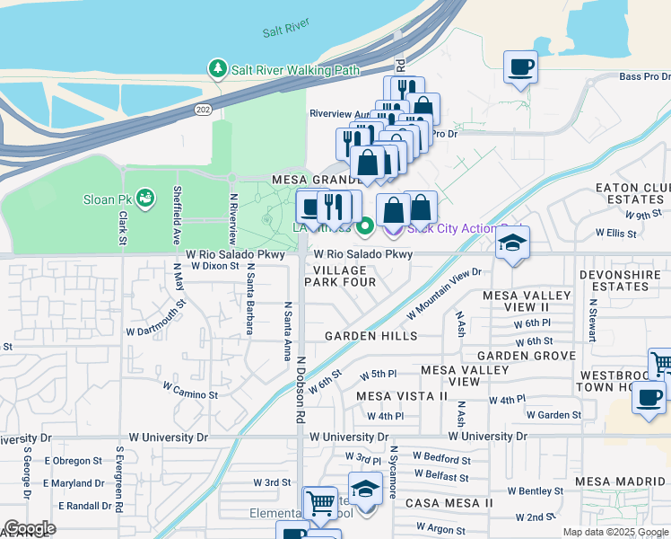 map of restaurants, bars, coffee shops, grocery stores, and more near 745 North Dobson Road in Mesa