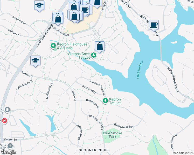 map of restaurants, bars, coffee shops, grocery stores, and more near 305 Palatine Place in Peachtree City