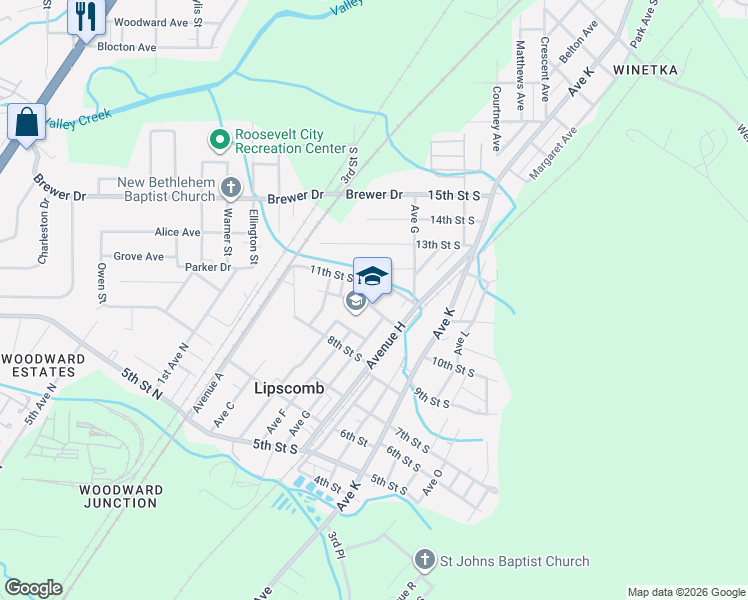 map of restaurants, bars, coffee shops, grocery stores, and more near 5412 10th Street South in Bessemer