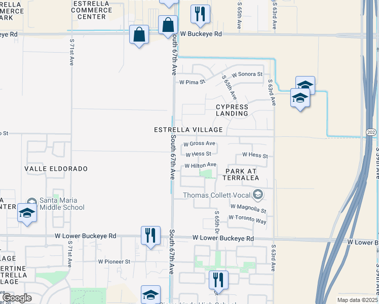 map of restaurants, bars, coffee shops, grocery stores, and more near 6626 West Hess Street in Phoenix