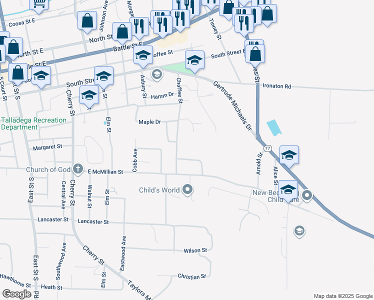map of restaurants, bars, coffee shops, grocery stores, and more near 614 Chaffee Street in Talladega