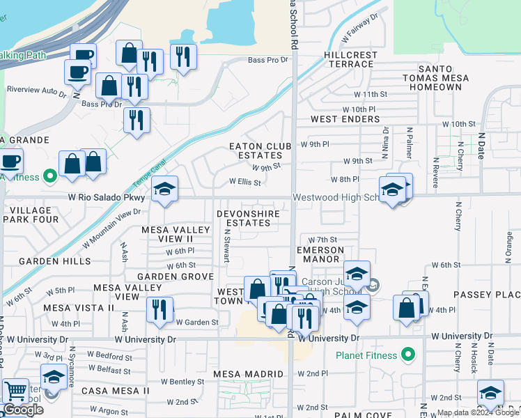 map of restaurants, bars, coffee shops, grocery stores, and more near 1301 West 8th Street in Mesa