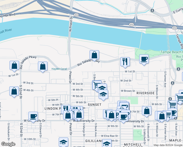 map of restaurants, bars, coffee shops, grocery stores, and more near 16 Apartment in Tempe